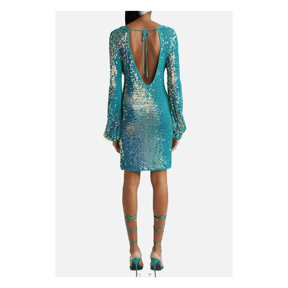 Retrofete NWT Tara Sequin Long Sleeve Crochet Mini Dress Turquoise Blue Green S - Picture 2 of 13
